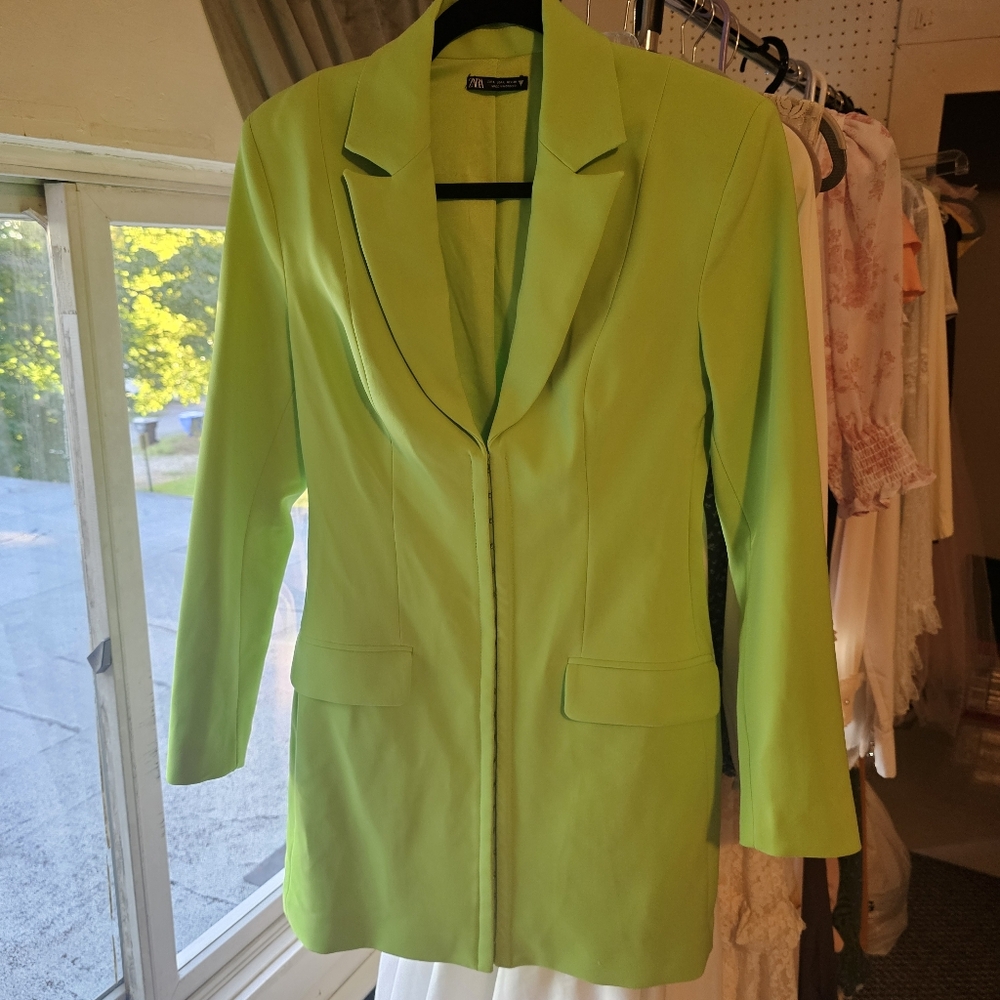 ZARA Fitted Blazer Dress Lime Green Size Large